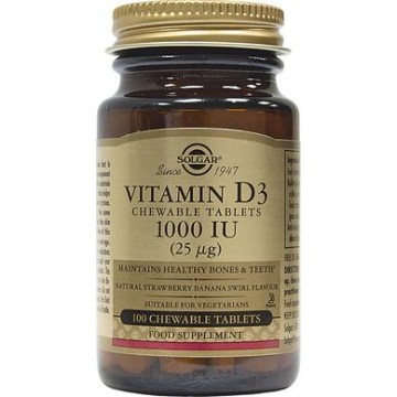 VITAMIN D-3 (ΒΙΤΑΜΙΝΗ D-3 ΜΑΣΩΜΕΝΕΣ ΤΑΜΠΛΕΤΕΣ) SOLGAR 1000IU chewable (Strawberry-Banana) 100s ΒΙΤΑΜΙΝΗ Α & D
