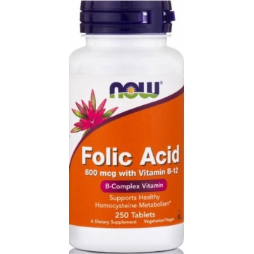 FOLIC ACID 800 mcg w/ Vitamin B-12 (Vegetarian) (ΦΟΛΙΚΟ ΟΞΥ ΜΕ ΒΙΤΑΜΙΝ Β-12) NOW FOODS 250tabs ΒΙΤΑΜΙΝΗ Β